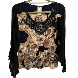 Vtg Y2K L Forbidden Sheer Fairy Flutter Sleeve Crochet Sunflower Beaded Neckline